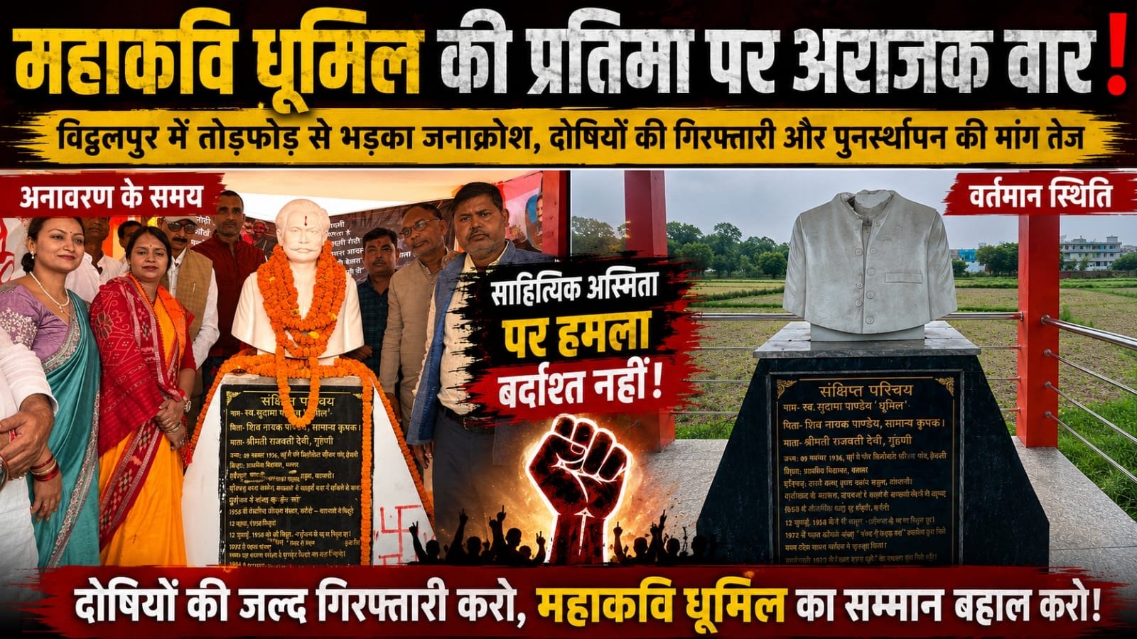 महाकवि धूमिल की प्रतिमा पर अराजक वार, साहित्यिक अस्मिता पर हमला
