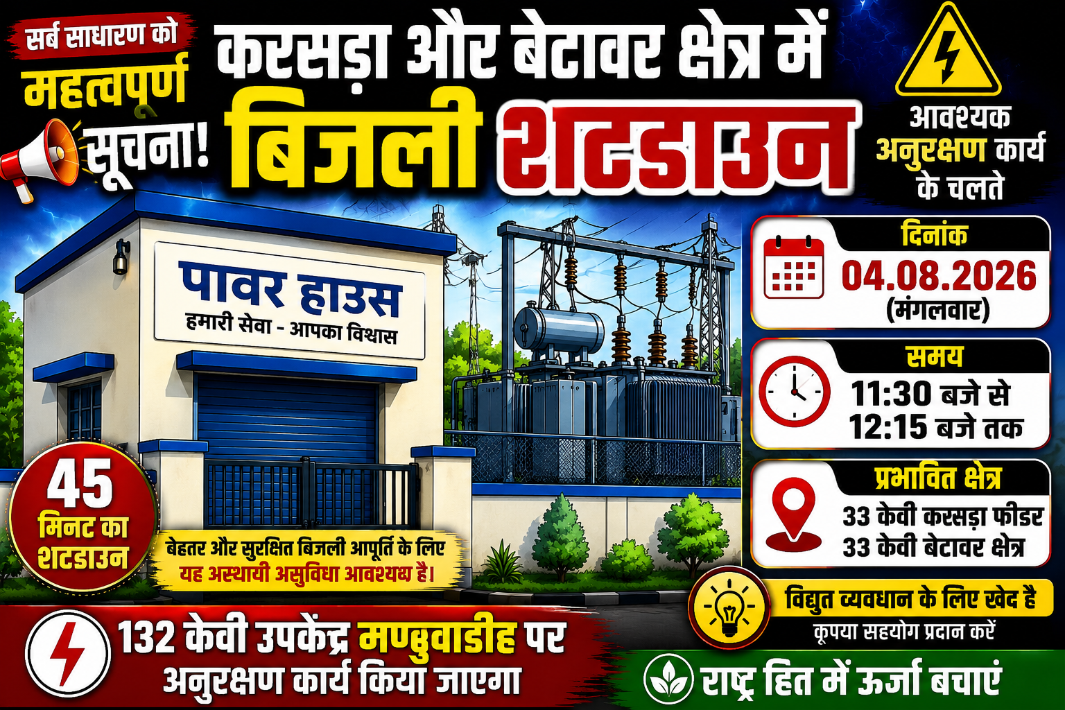 वाराणसी: करसडा और बेटावर क्षेत्र में 45 मिनट का बिजली शटडाउन, अनुरक्षण कार्य के चलते आज प्रभावित रहेगी आपूर्ति