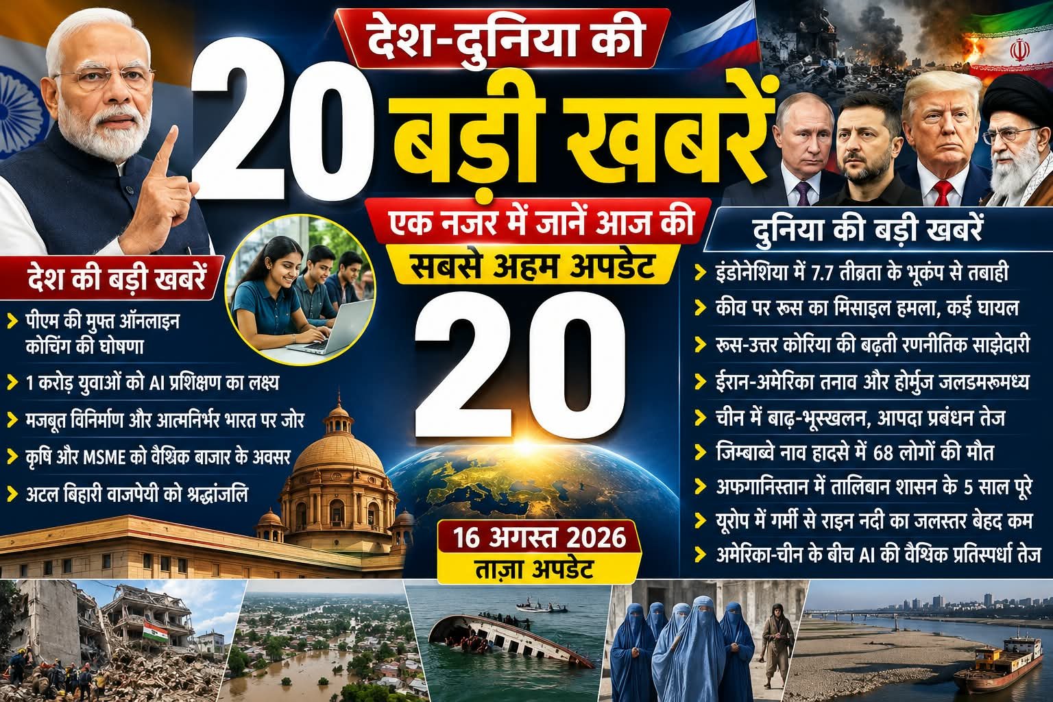 देश-दुनिया की 20 बड़ी खबरें: एक नजर में जानिए आज अभी तक कहां क्या हुआ