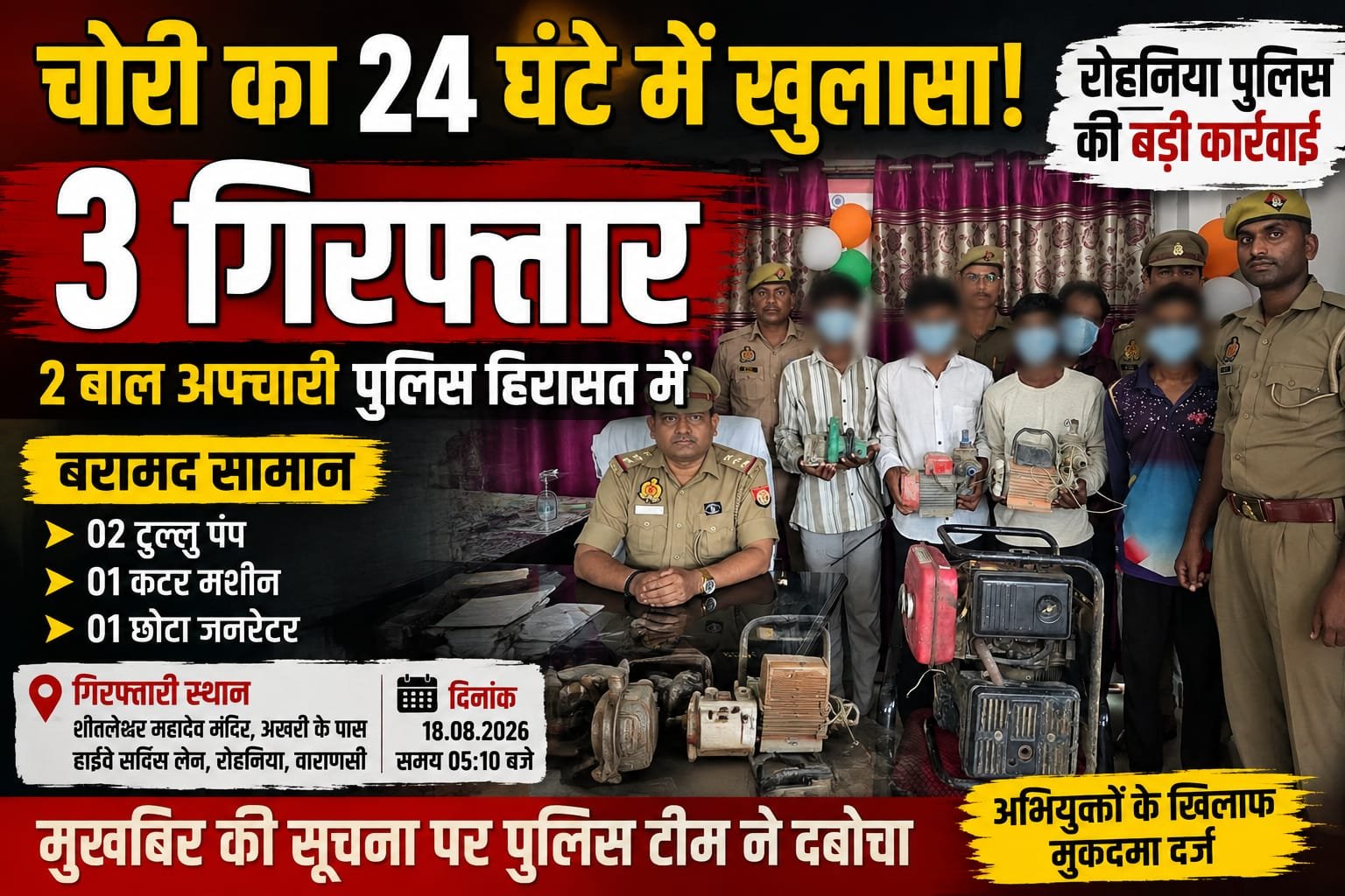 चोरी का 24 घंटे में खुलासा, तीन गिरफ्तार; दो बाल अपचारी भी पुलिस हिरासत में
