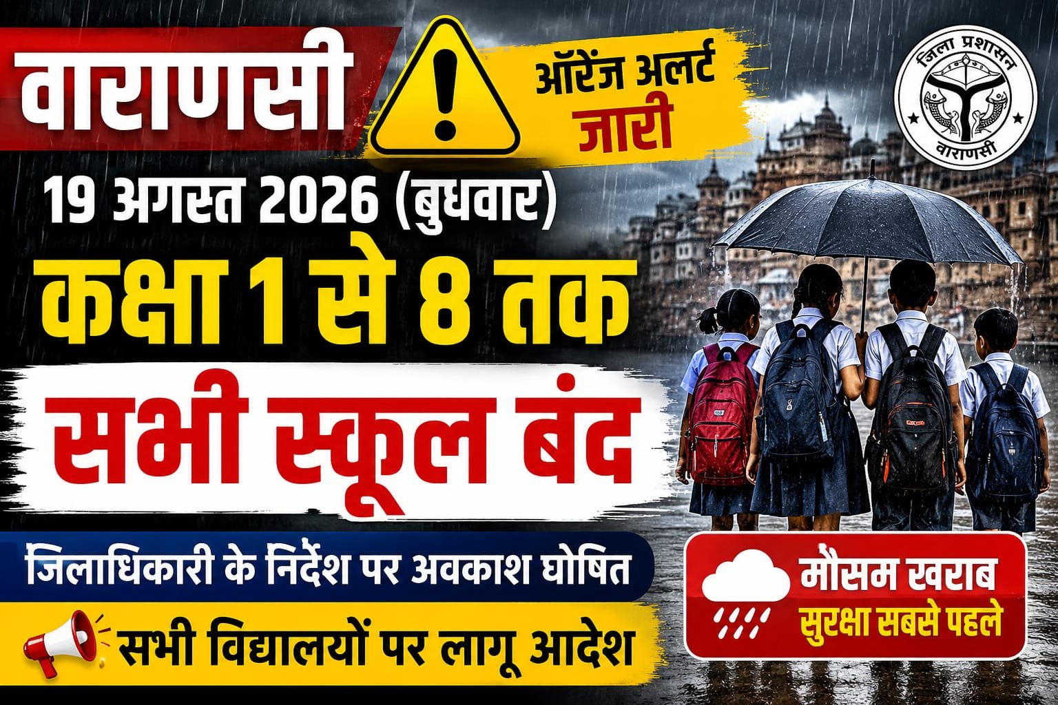 वाराणसी में 19 अगस्त को कक्षा 1 से 8 तक के सभी स्कूल बंद, ऑरेंज अलर्ट के बाद प्रशासन का फैसला
