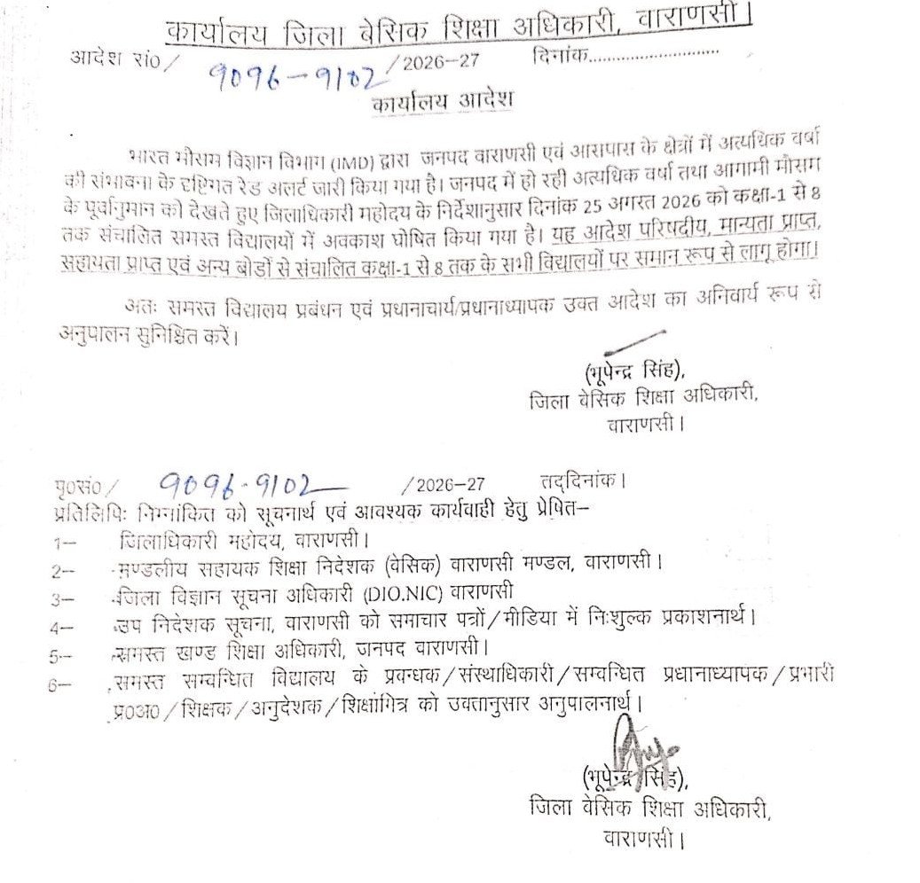 भारी बारिश के अलर्ट के बीच वाराणसी में कक्षा 1 से 8 तक के स्कूल बंद