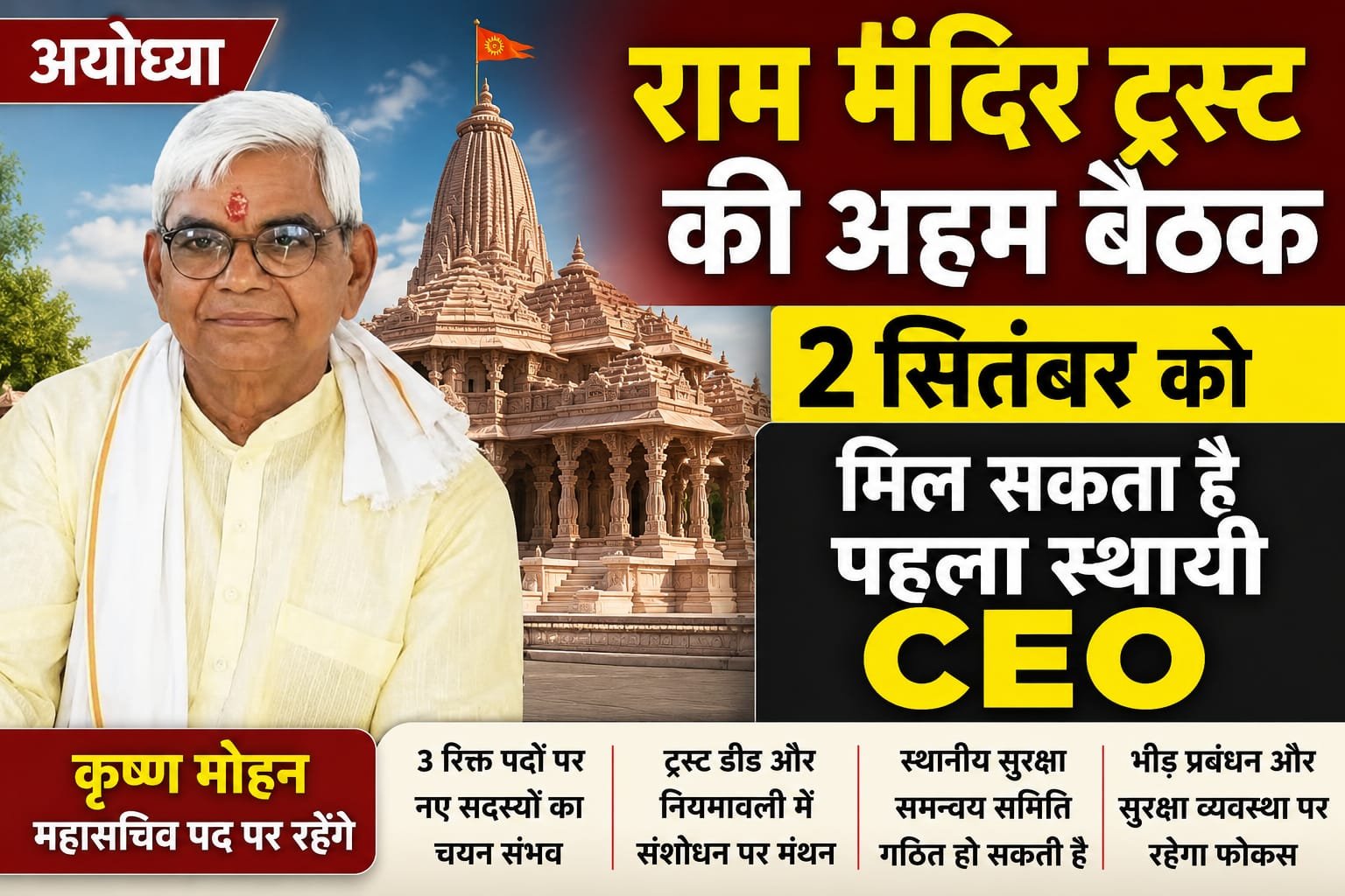 अयोध्या: 2 सितंबर को राम मंदिर ट्रस्ट की अहम बैठक, मिल सकता है पहला स्थायी CEO; कृष्ण मोहन महासचिव पद पर रहेंगे