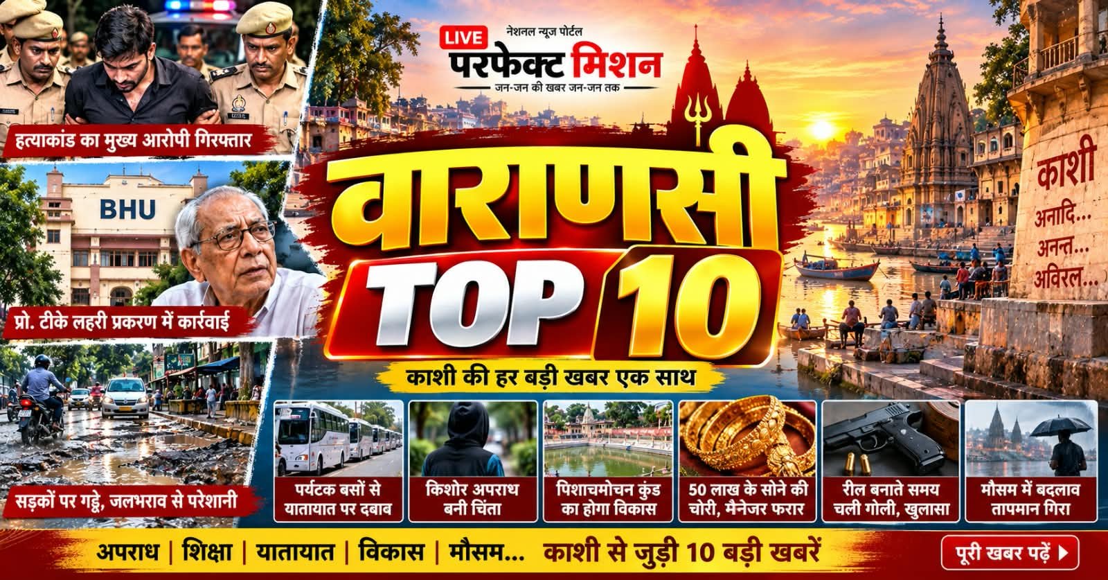 वाराणसी टॉप 10 : श्रेया हत्याकांड का मुख्य आरोपी गिरफ्तार, बीएचयू के डॉ. लहरी प्रकरण में कार्रवाई; सड़क-जाम और जलभराव से आम जनमानस परेशान