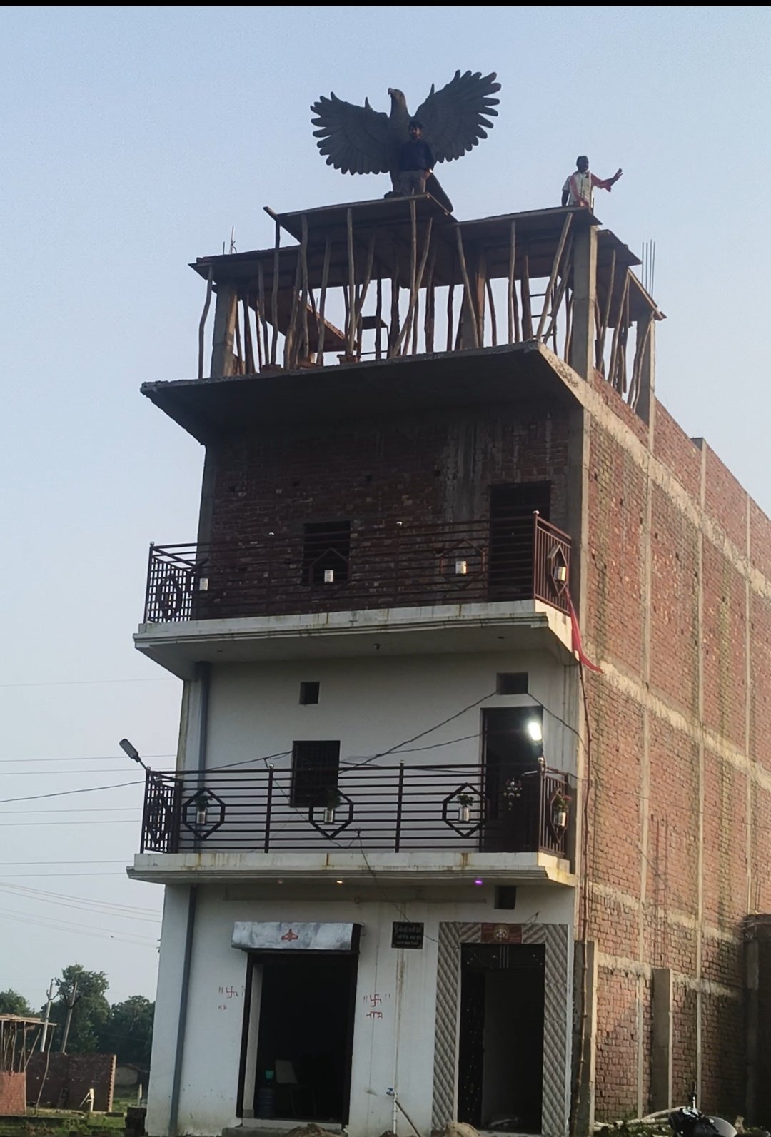 खानपुर में बाज की विशाल प्रतिमा बनी आकर्षण का केंद्र, छत पर स्थापित स्टैच्यू देखने उमड़ रहे लोग