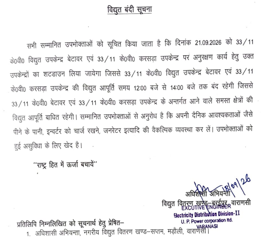 21 सितंबर को दो घंटे बिजली आपूर्ति रहेगी बाधित,बेटावर और करसड़ा विद्युत उपकेंद्रों पर अनुरक्षण कार्य के चलते दोपहर 12 से 2 बजे तक शटडाउन